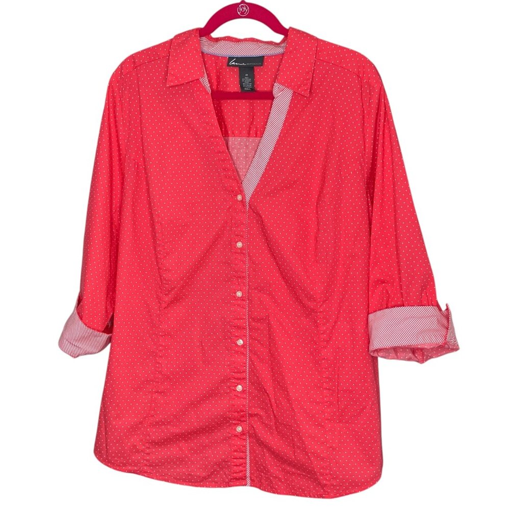 Lane Bryant 28 Coral White Polka Dot Stretch Poplin Collared Blouse Top Plus 3X